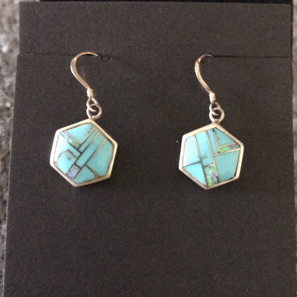 Sterling Turquoise Simulated Opal Dangle Earrings - image 2